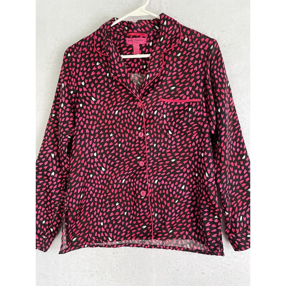 Betsey Johnson Intimates Satin Pajama Top S women's black pink Heart button